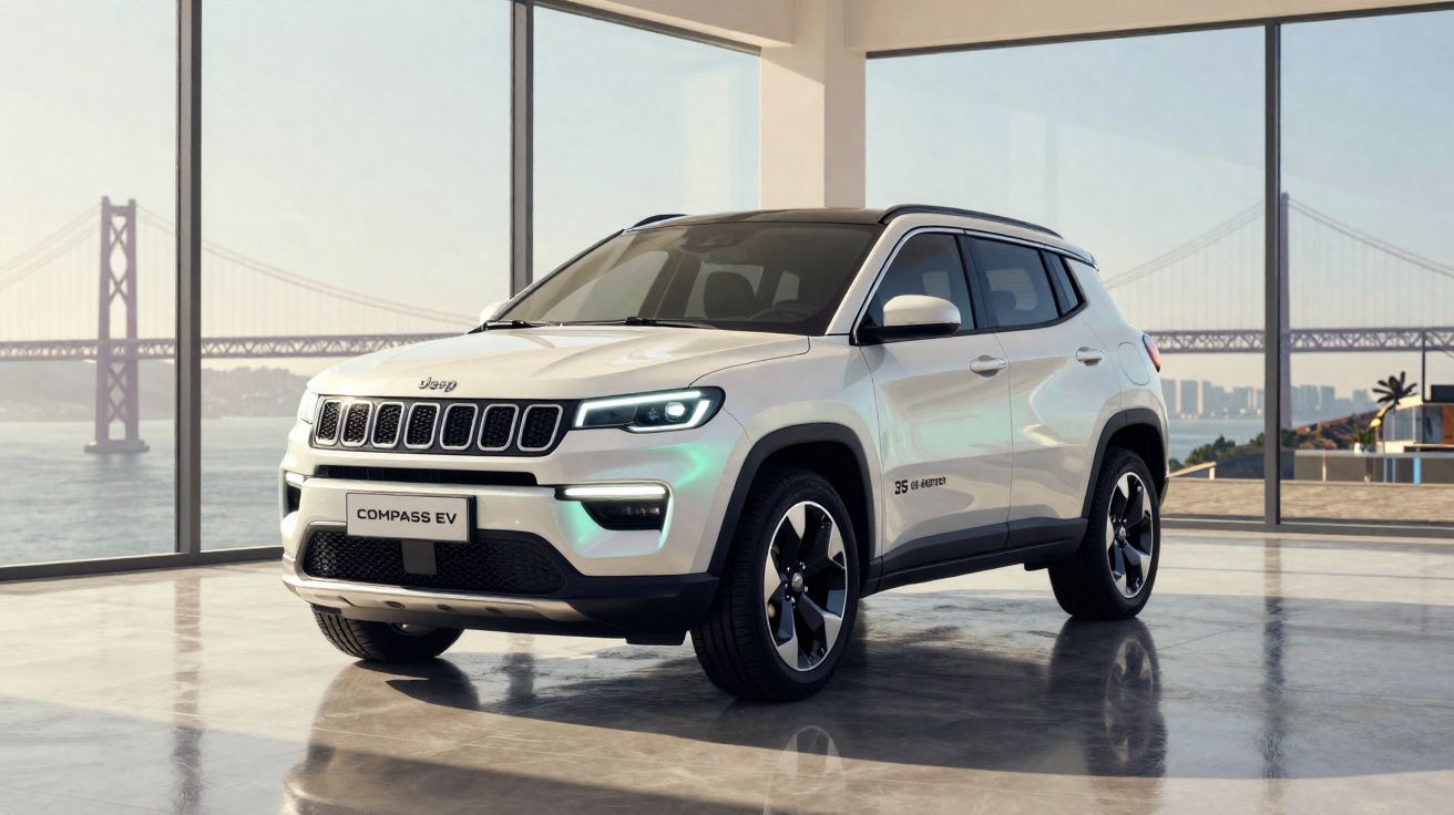 SUV Jeep Compass EV branco estacionado em showroom com grandes janelas e vista de ponte ao fundo.