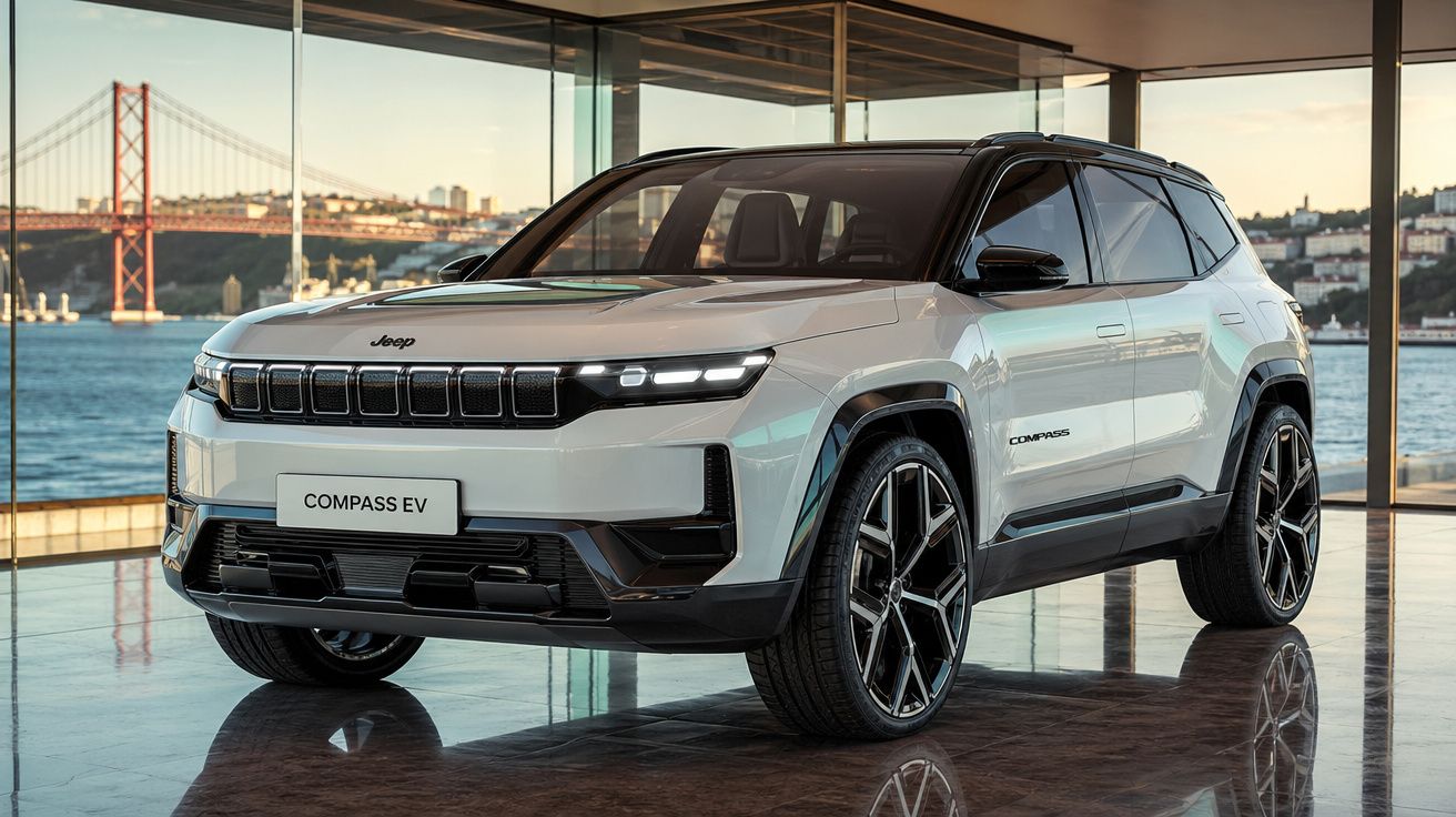 SUV Jeep Compass EV branco estacionado em showroom com vista para ponte e rio ao fundo.