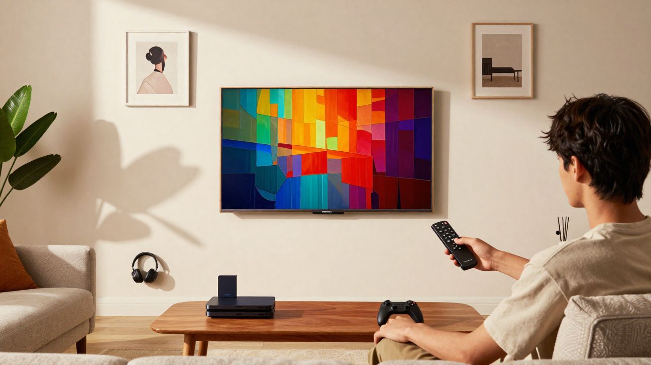 Pessoa sentada em sala moderna assistindo TV com imagem colorida, controle remoto e videogame na mesa de centro.