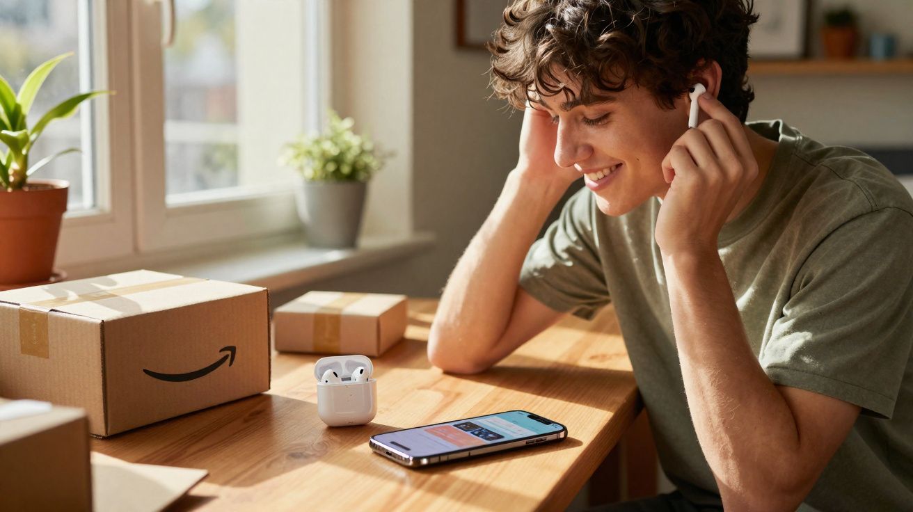 Jovem sorrindo coloca fone de ouvido sem fio enquanto olha para celular em mesa com caixas de envio.