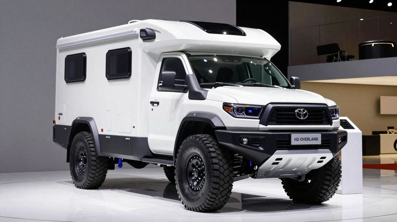 Caminhonete Toyota branca modelo H2 Overland adaptada para camping exposta em ambiente interno.