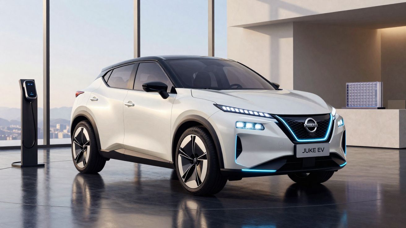 Carro elétrico Nissan Juke EV branco em showroom moderno com estação de carregamento ao lado.