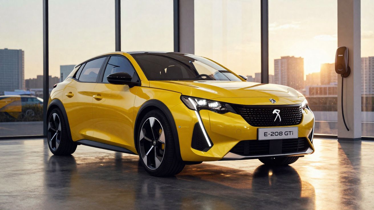 Carro elétrico amarelo Peugeot E-208 GTi estacionado dentro de uma sala com janelas e carregador.