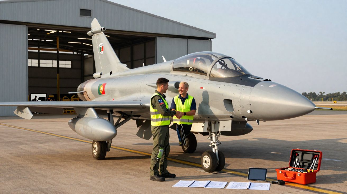 Dois homens trocando aperto de mão ao lado de um caça estacionado em pista de aeroporto.