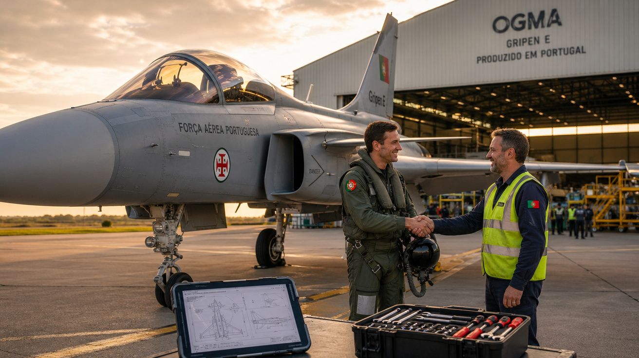 Piloto e técnico apertam as mãos ao lado de caça Gripen da Força Aérea Portuguesa em aeroporto ao entardecer.