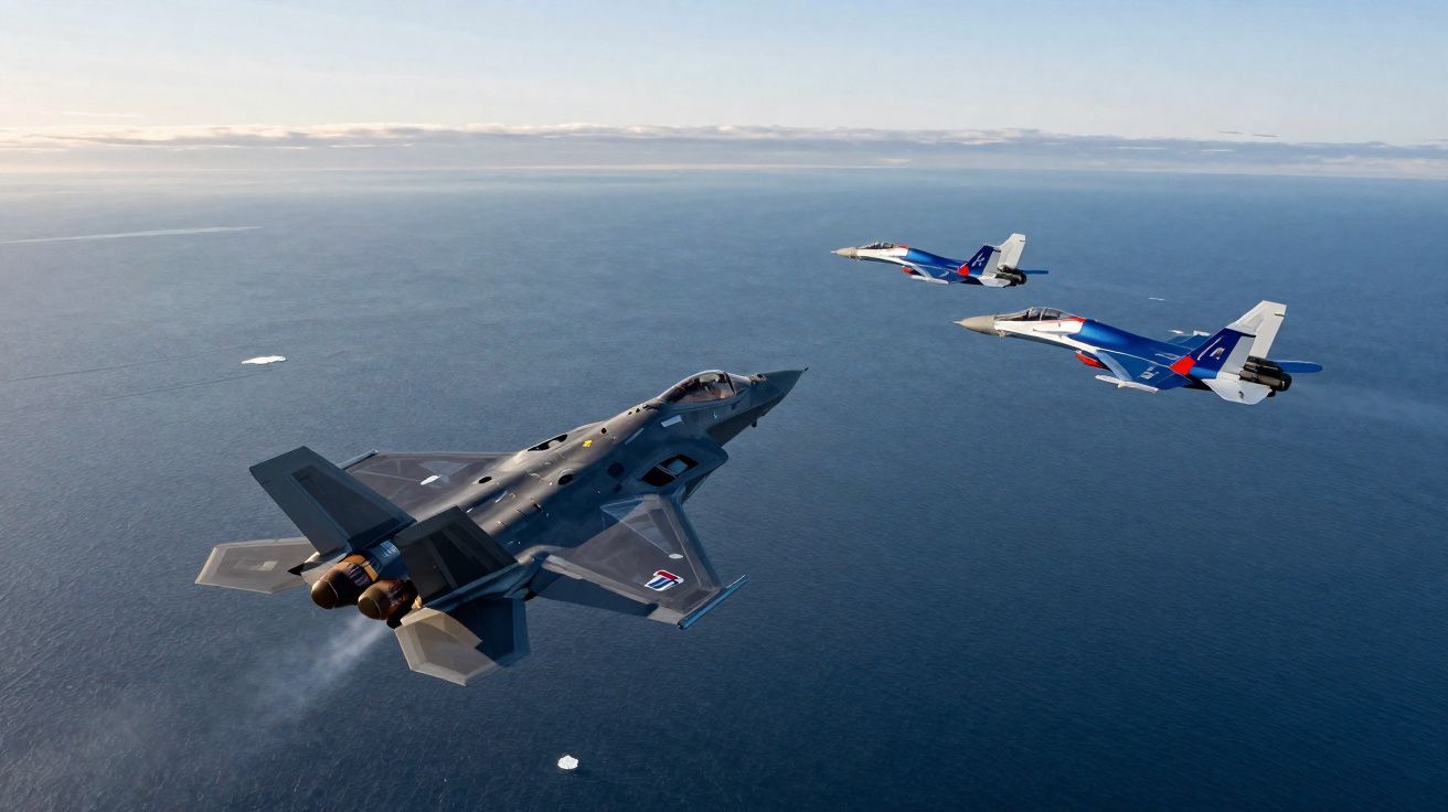 Formação de três jatos militares voando sobre o oceano em céu claro.