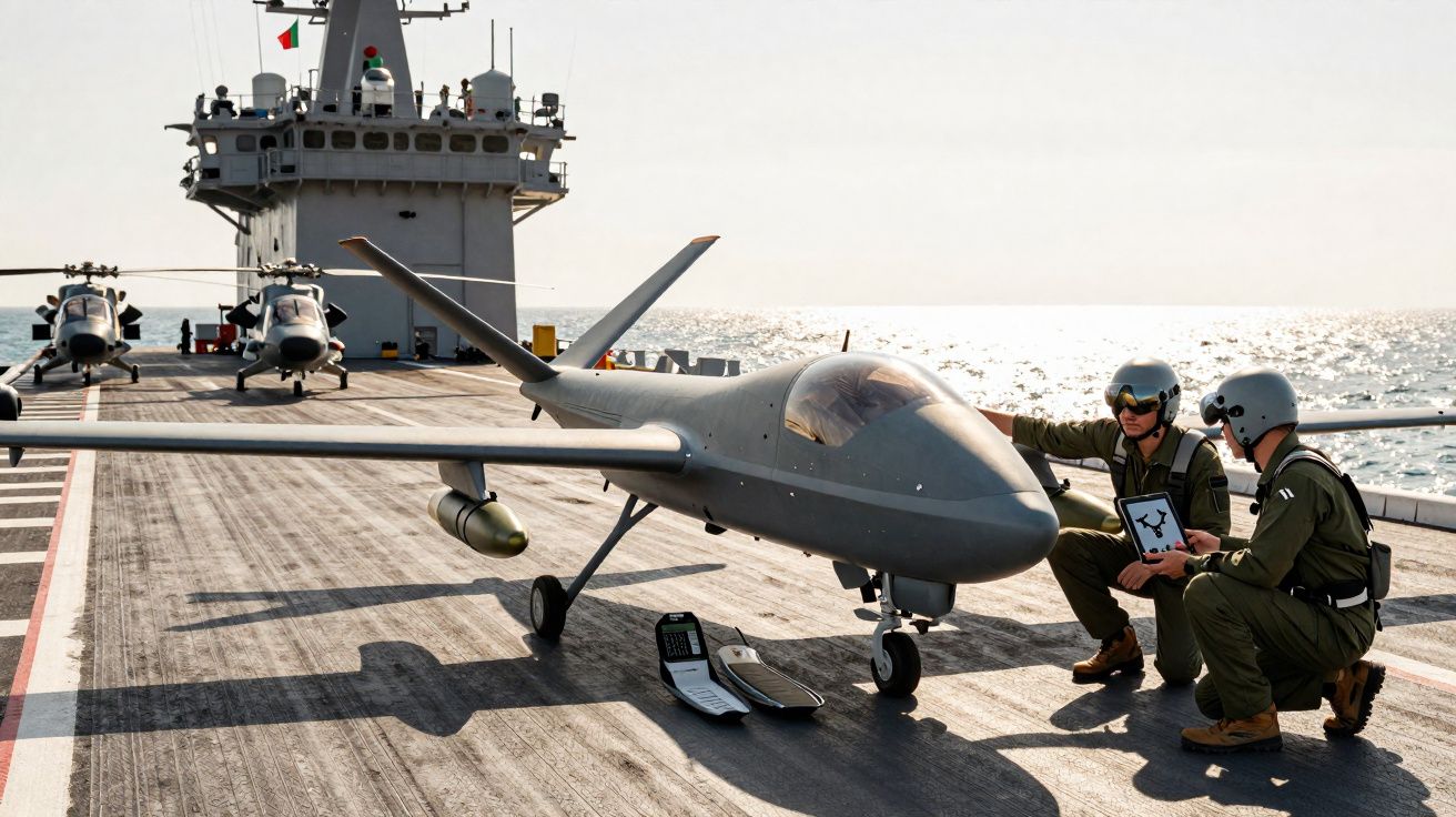 Drones militares alinhados no convés de um porta-aviões com dois pilotos inspecionando um deles.