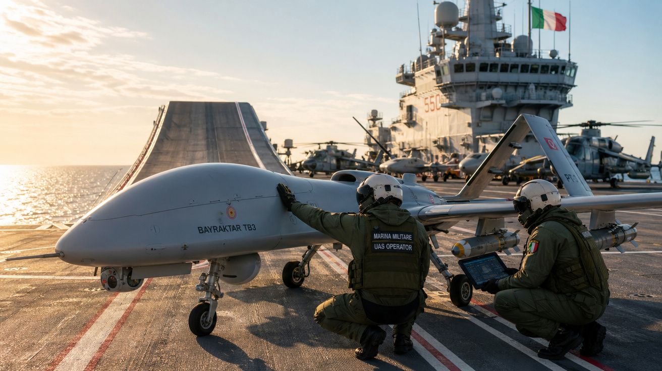 Operadores militares inspecionam drone Bayraktar TB3 em porta-aviões ao pôr do sol na marinha italiana.
