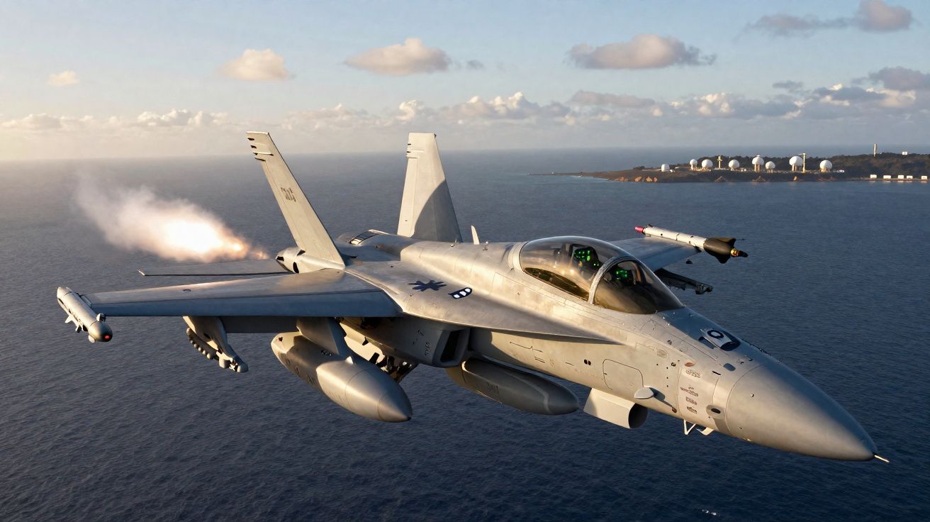Caça militar em voo sobre o mar dispara míssil com costa e radares ao fundo.