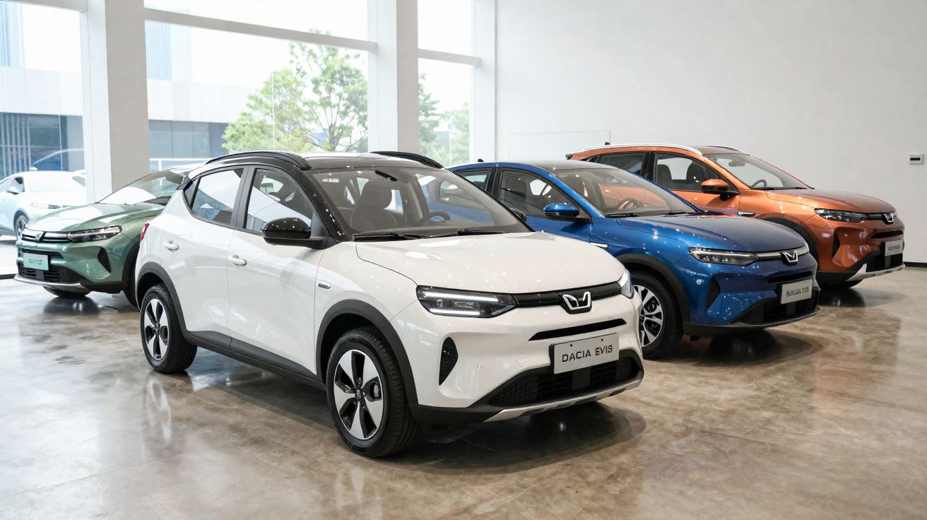 Quatro carros Dacia EV19 em exposição, nas cores branco, azul, laranja e verde, em showroom moderno.