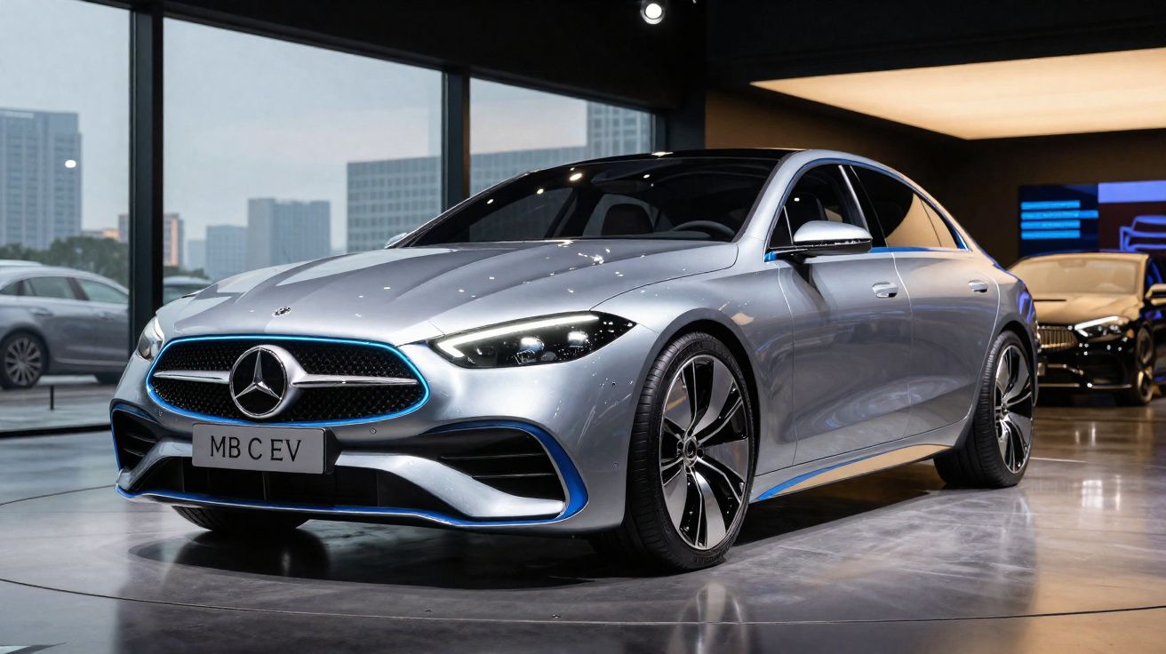 Carro elétrico Mercedes-Benz prata modelo MB C EV em showroom moderno com iluminação interna.