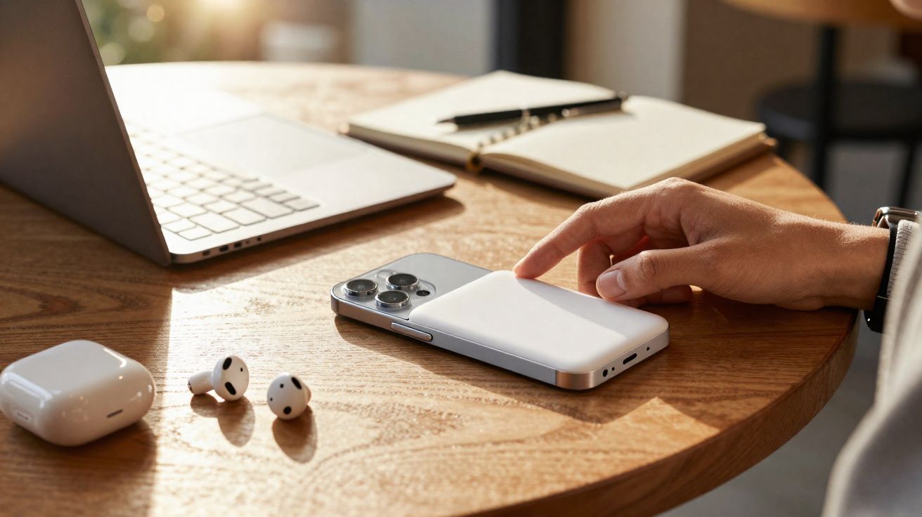 Mão tocando carregador portátil sobre celular próximo a notebook, fones de ouvido e caderno em mesa de madeira.