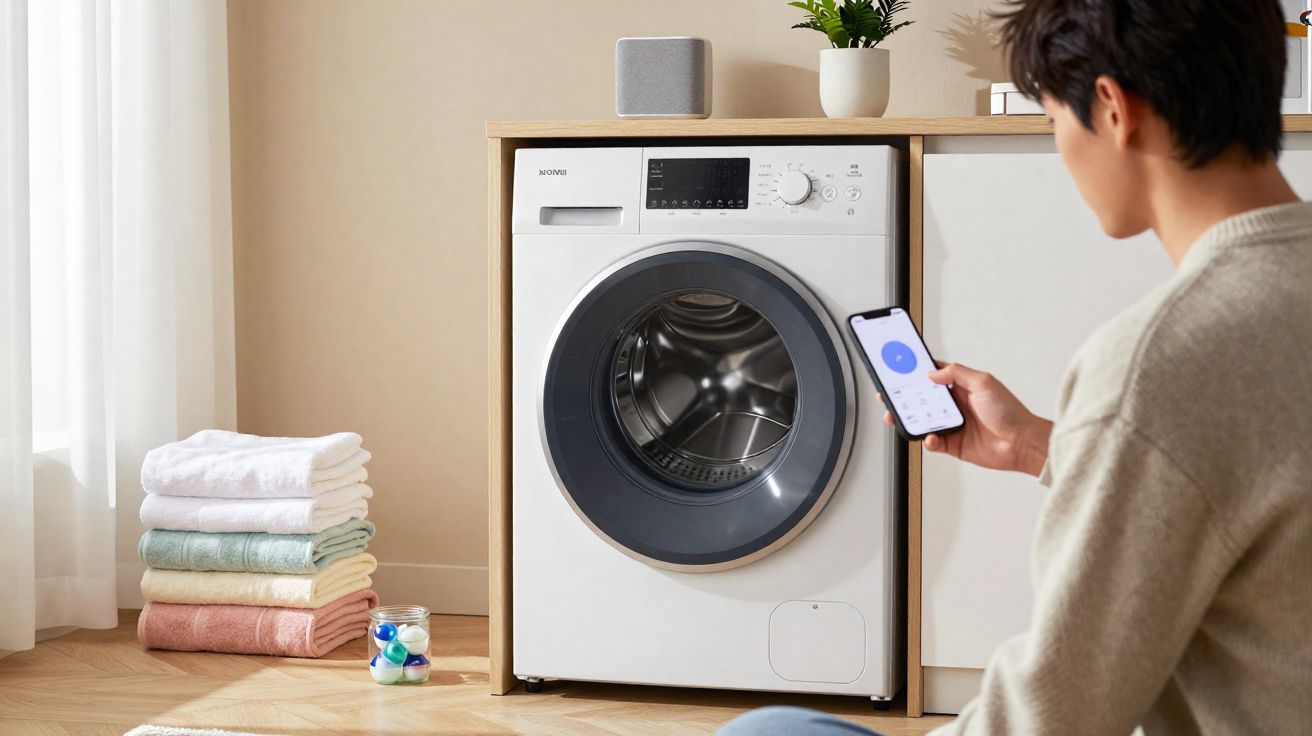 Homem controlando lave-roupas branco por aplicativo em celular em sala iluminada.