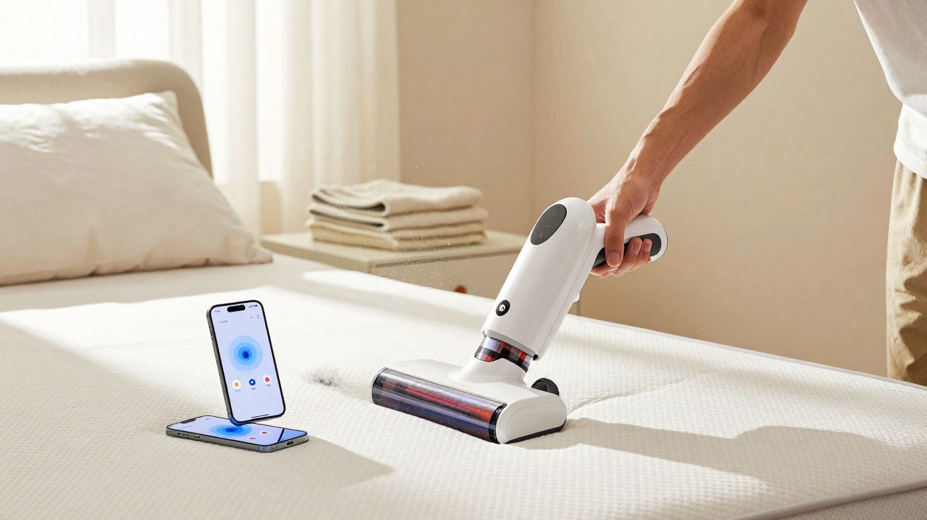 Pessoa usando aspirador de pó portátil para limpar colchão ao lado de celular com aplicativo aberto.