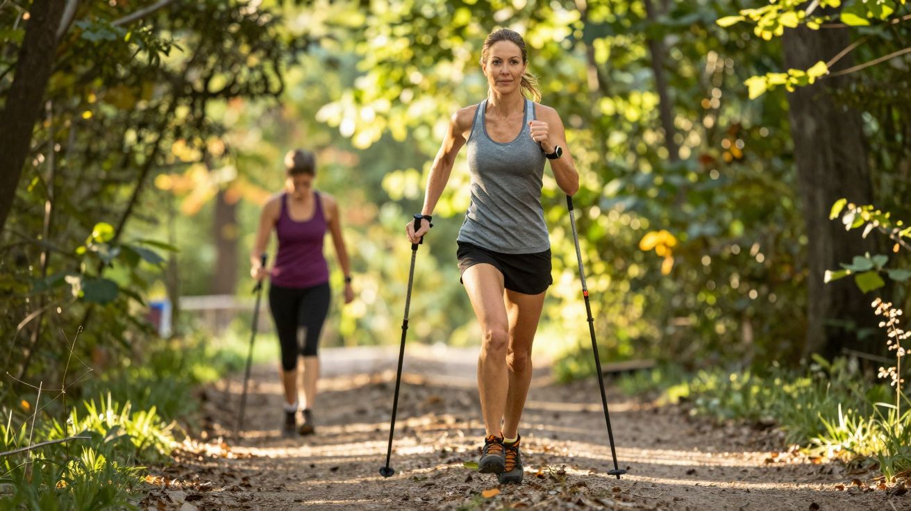 Duas mulheres praticando caminhada com bastões em trilha de floresta iluminada pelo sol.