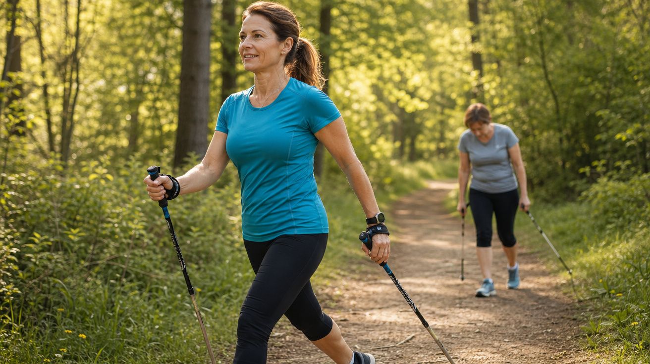 Duas mulheres praticam caminhada com bastões em trilha de floresta sob luz do sol.