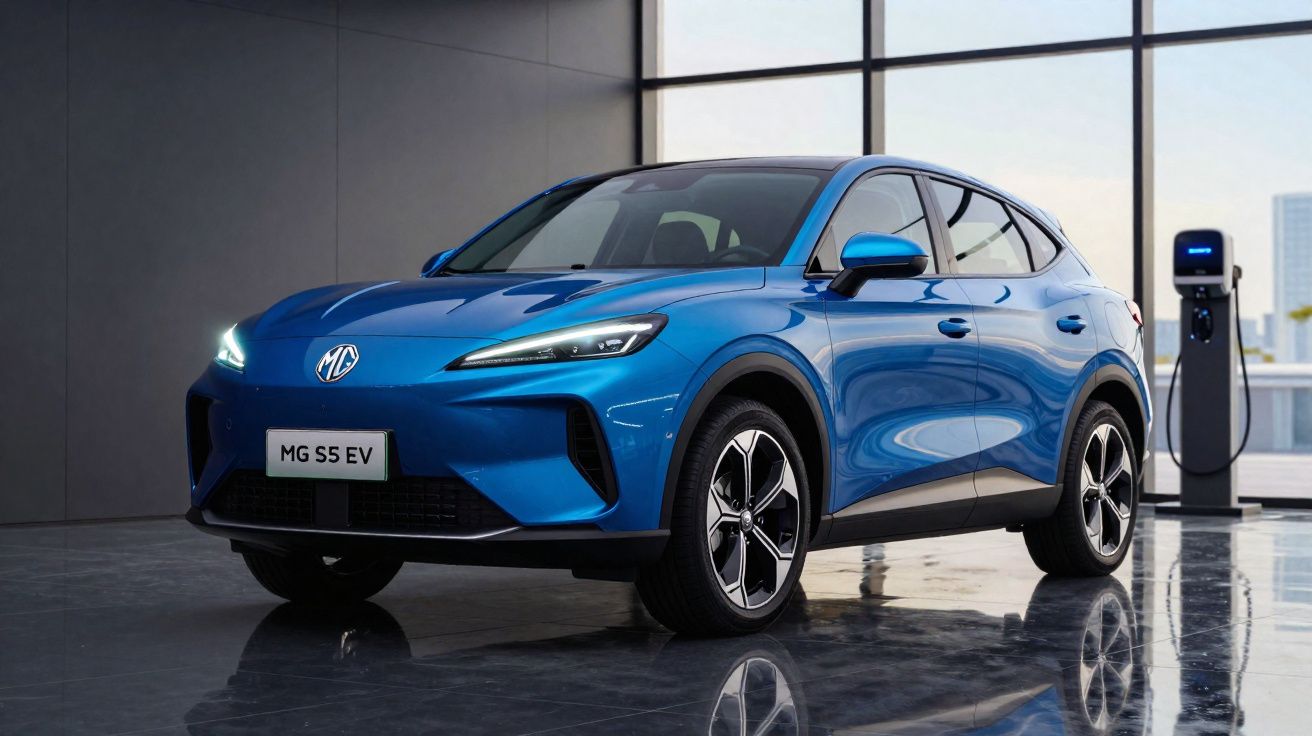 Carro elétrico azul MG S5 EV estacionado em showroom moderno com carregador ao fundo.