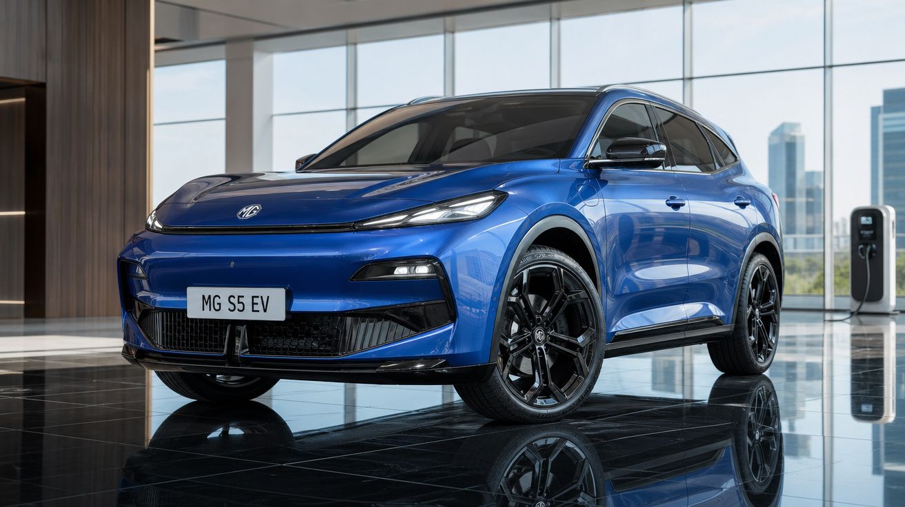 Carro elétrico azul MG S5 EV estacionado em showroom moderno com piso preto e parede de vidro.