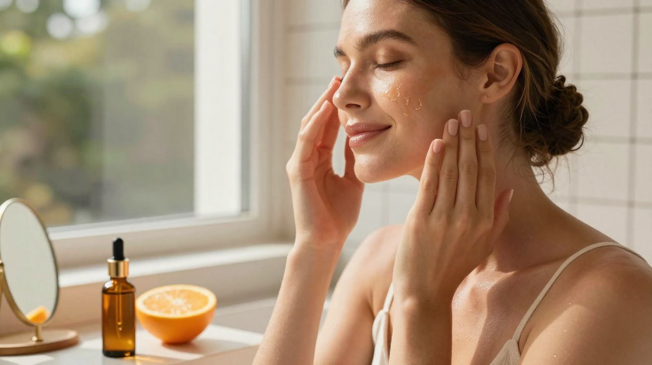 Mulher aplicando sérum facial em ambiente iluminado próximo a janela com laranja e espelho.