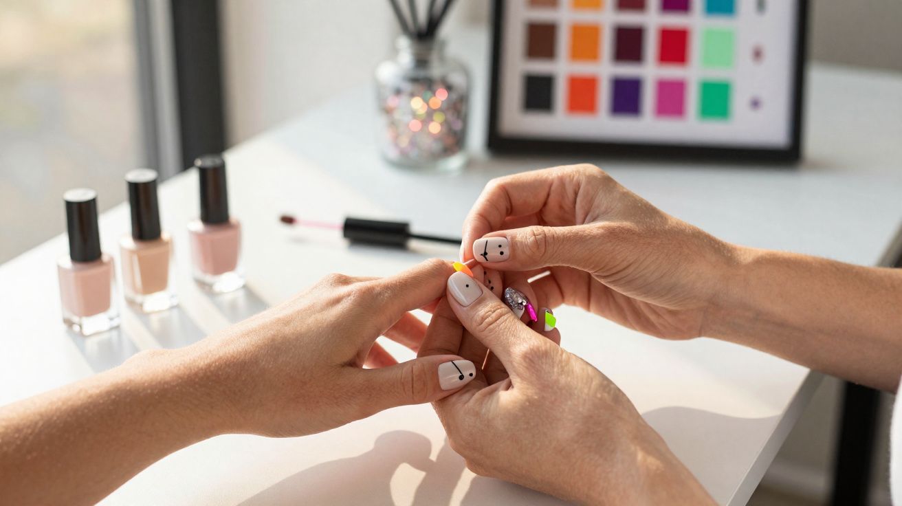 Mãos femininas com unhas decoradas sendo cuidadas, esmaltes nude sobre mesa branca ao fundo.