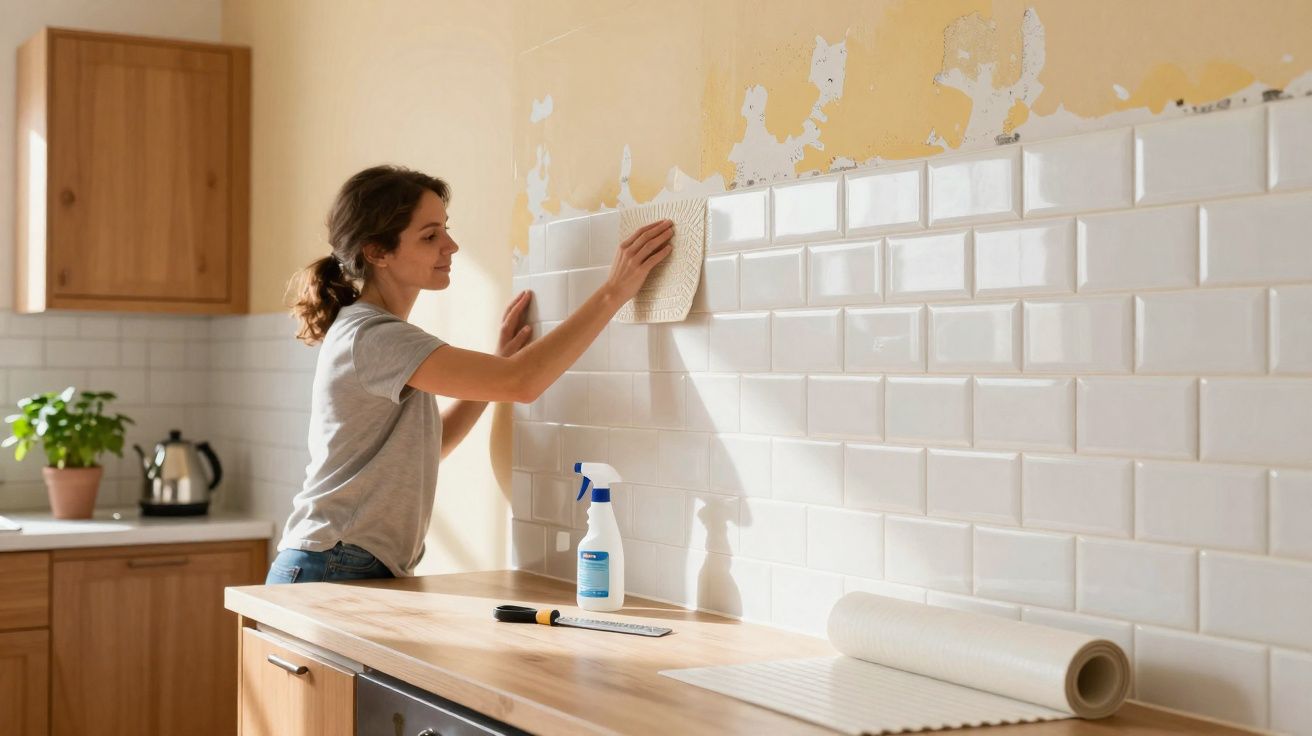 Mulher aplicando revestimento adesivo branco em parede da cozinha sobre azulejos antigos.
