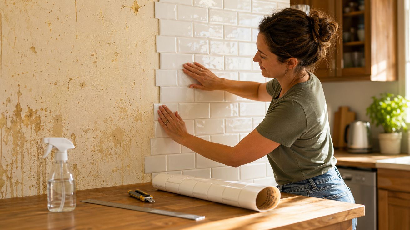 Mulher aplicando azulejos adesivos brancos em parede de cozinha durante reforma.