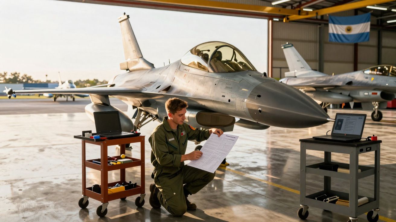 Militar revisa documentos ao lado de avião de caça em hangar com bandeira da Argentina ao fundo.