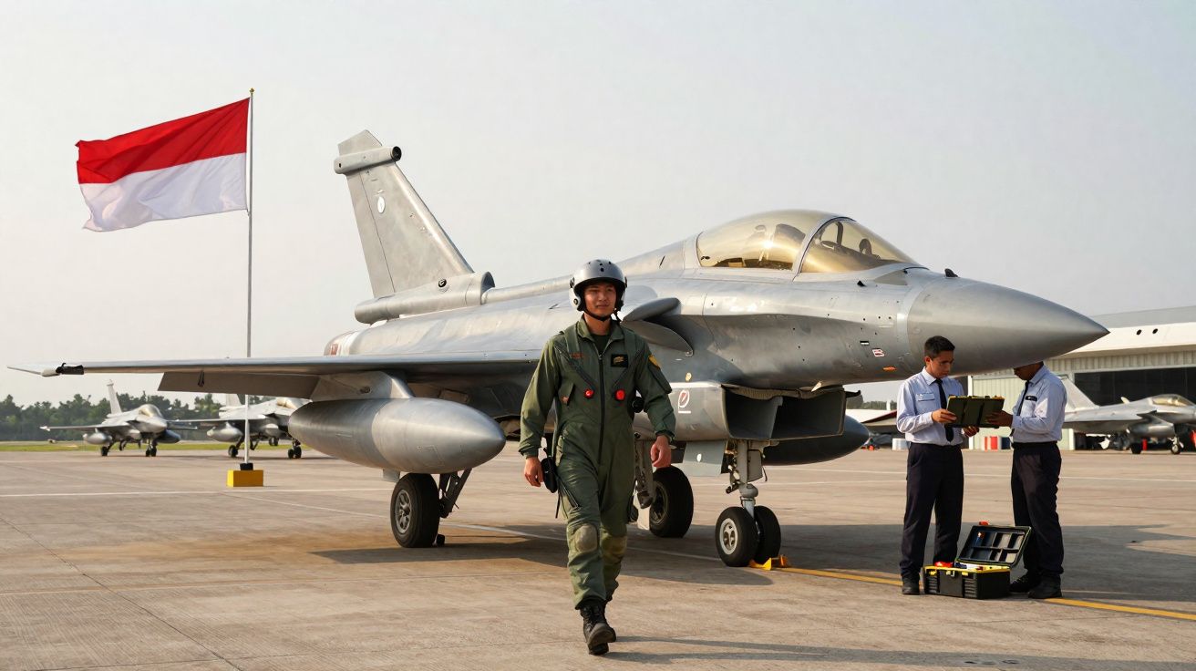 Piloto militar caminhando em frente a caça armado cinza com bandeira da Indonésia ao fundo.