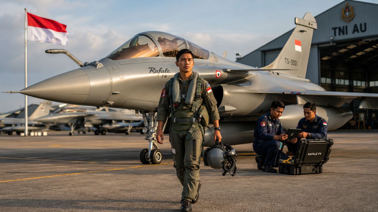 Piloto militar indonésio caminhando em frente a avião Rafale F4 em base aérea ao pôr do sol.
