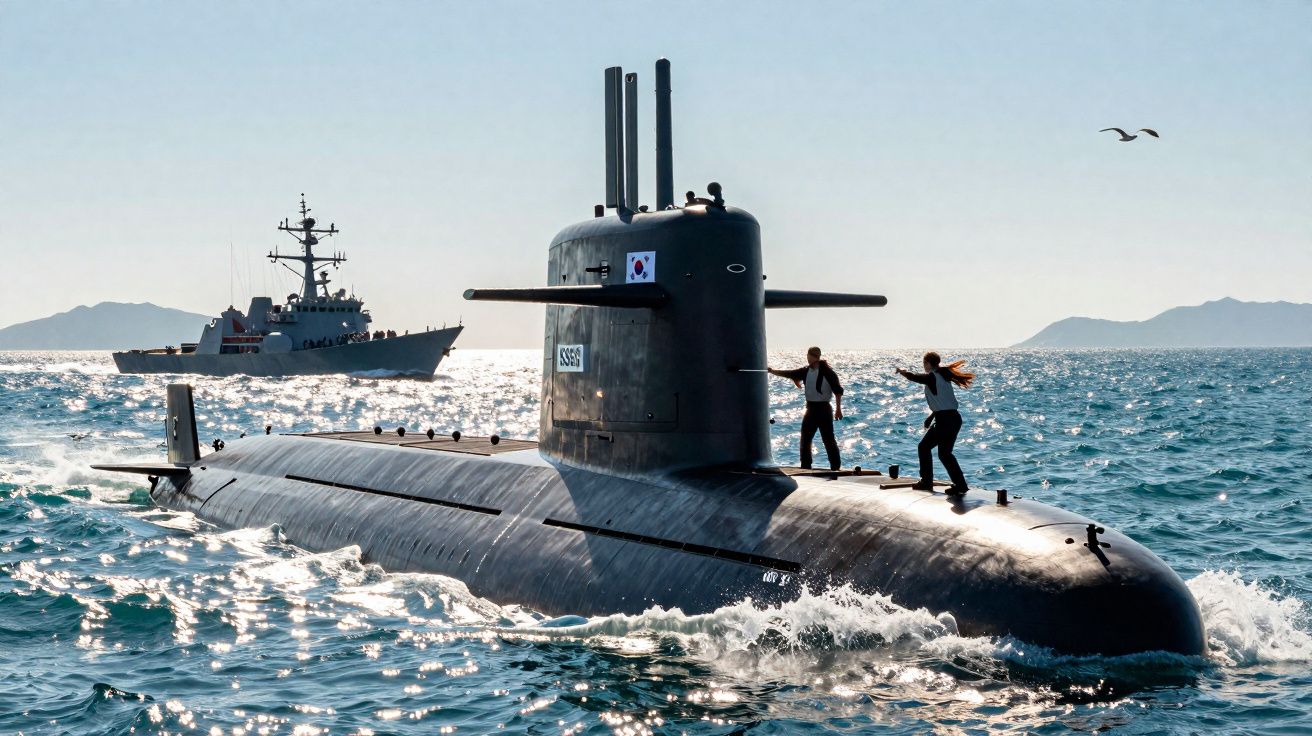 Submarino sul-coreano na superfície do mar com duas pessoas em pé sobre ele e navio militar ao fundo.