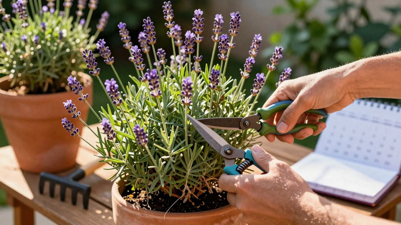 Pessoa podando planta de lavanda roxa em vaso de barro com pequenas ferramentas de jardinagem.