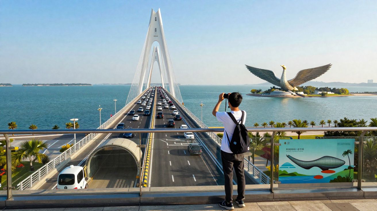 Pessoa fotografando ponte com tráfego e escultura gigante de pássaro na água em dia ensolarado.