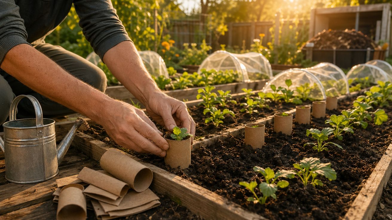 Pessoa transplantando mudas em canteiros com tubos biodegradáveis ao pôr do sol.