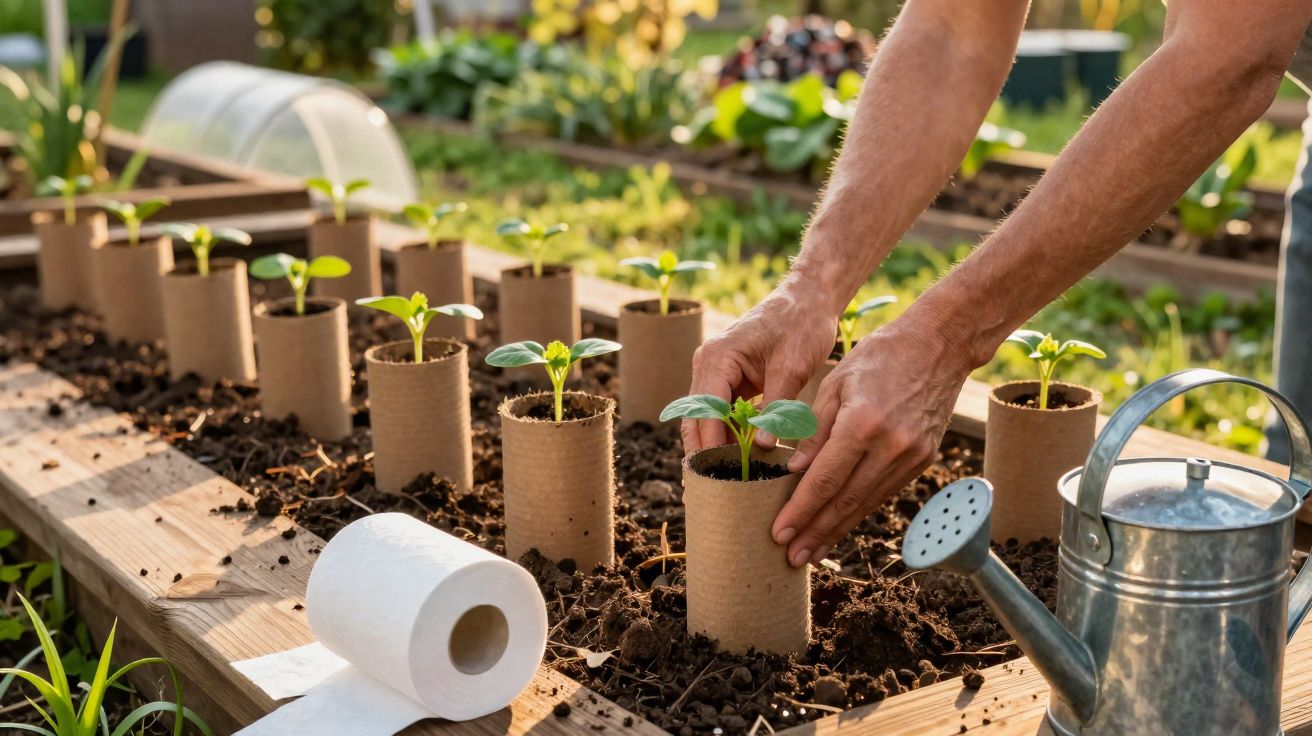 Mãos plantando mudas em tubos de papelão em canteiro com regador e papel higiênico ao lado.