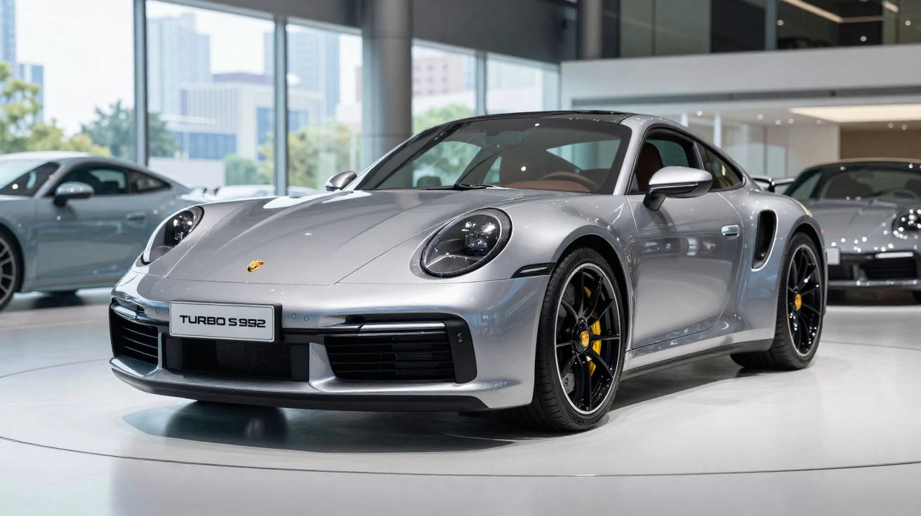Carro esportivo Porsche Turbo S 992 cinza exibido em showroom moderno com automóveis ao fundo.