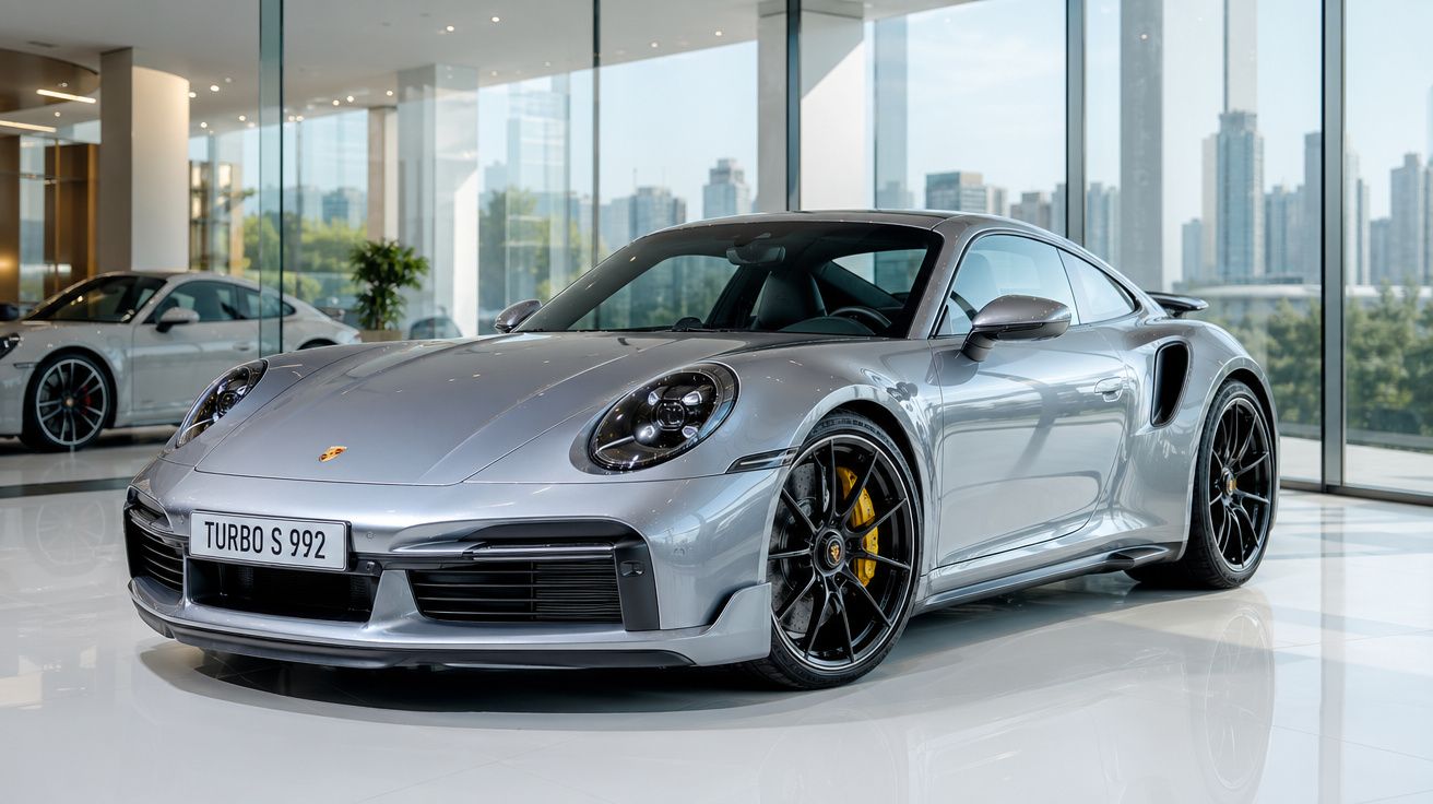 Carro esportivo prata Porsche Turbo S 992 em showroom moderno com fachada de vidro e vista urbana.