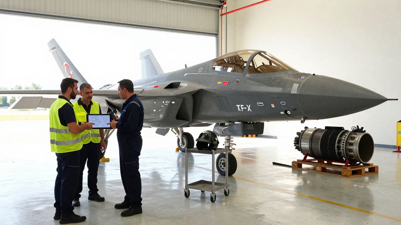 Aeronave militar cinza estacionada em hangar com três homens discutindo próximo a um tablet.