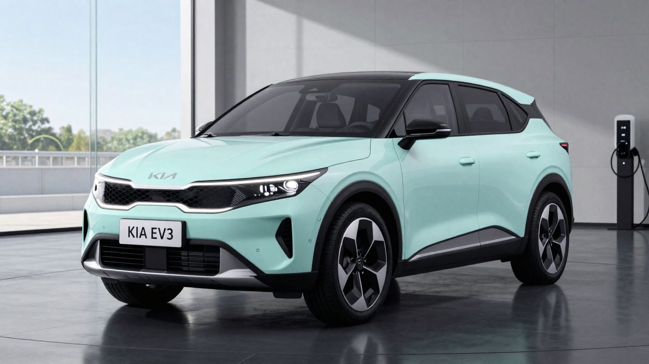 Carro elétrico Kia EV3 verde água estacionado em garagem moderna com estação de recarga.