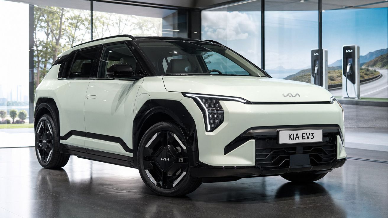 Carro elétrico KIA EV3 branco com detalhes pretos em exibição interna moderna e iluminada.