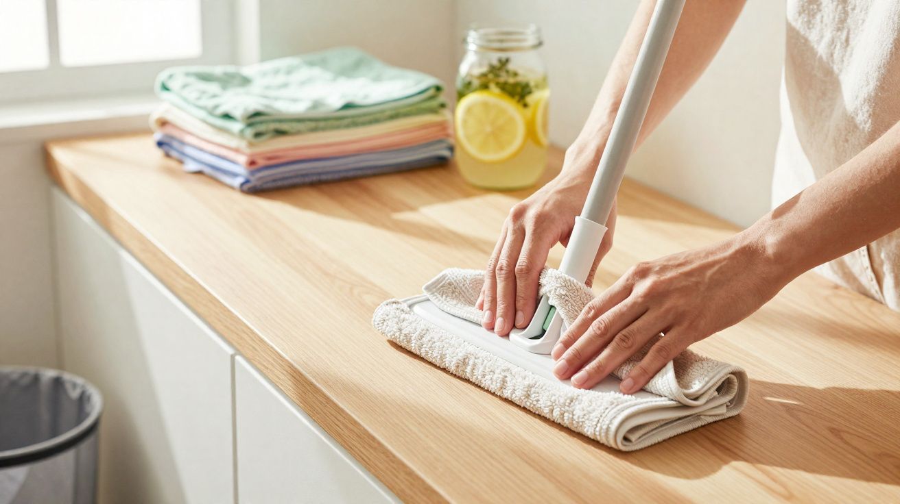 Pessoa preparando esfregão com pano branco para limpar superfície de madeira clara em ambiente iluminado.