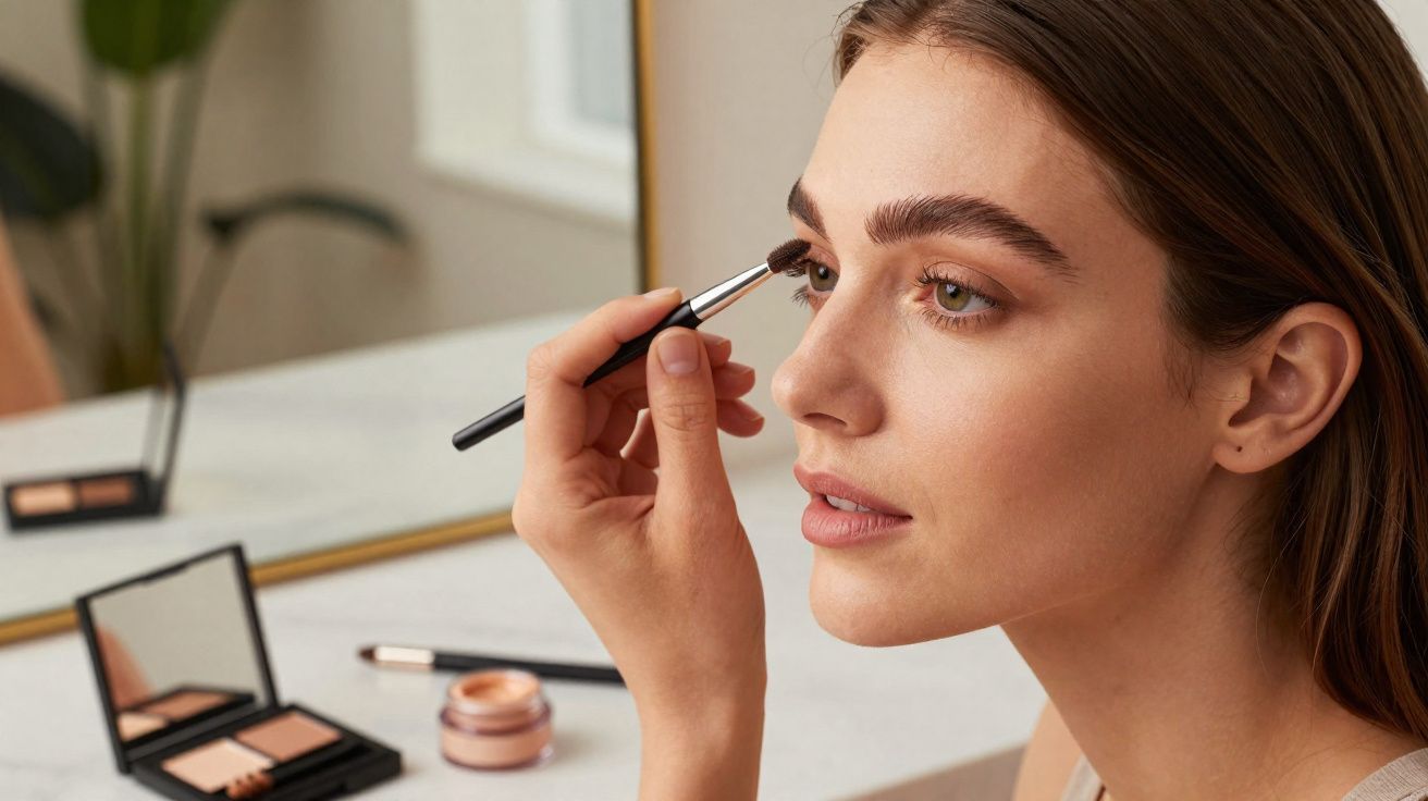 Mulher aplicando maquiagem nos olhos com pincel em frente a espelho num ambiente claro.