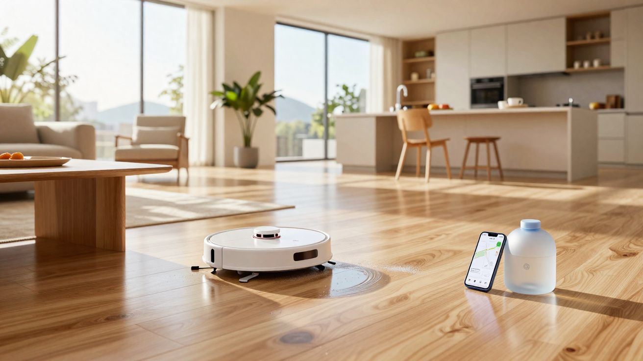 Robô aspirador limpando piso de madeira em sala ampla com celular e galão ao lado.