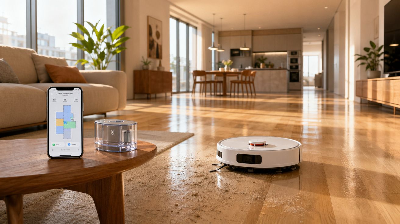 Aspirador robô branco limpando sujeira em piso de madeira em sala moderna com celular mostrando app de controle.