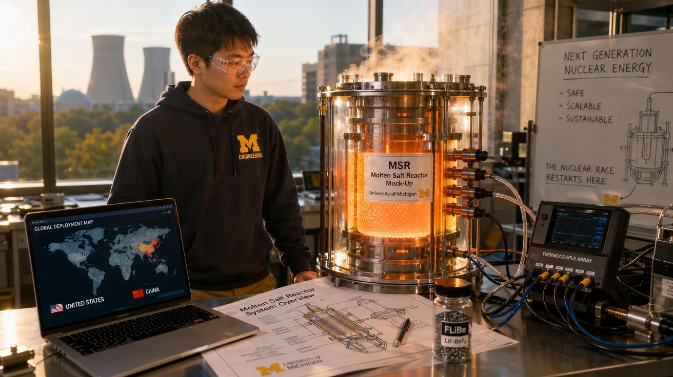 Pesquisador observa maquete de reator nuclear de sal fundido em laboratório com gráficos e mapas ao redor.