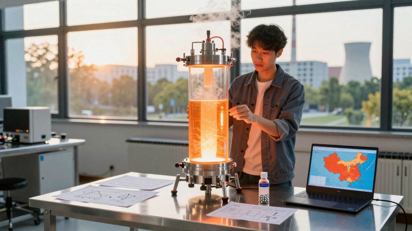 Jovem cientista manipulando equipamento de pesquisa com líquido laranja em laboratório moderno.