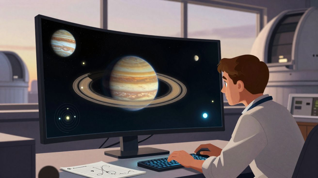 Homem em laboratório observando imagens de planetas com anéis na tela de um computador.