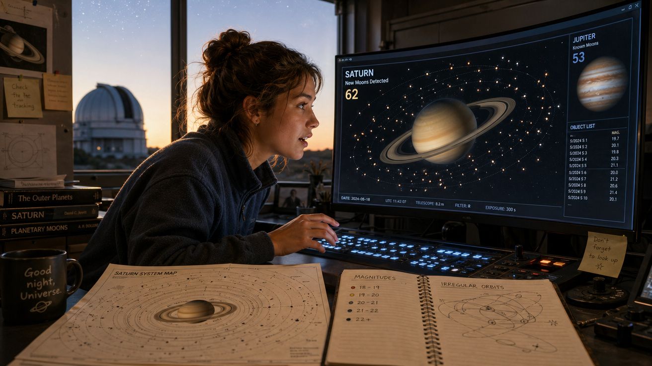 Mulher estudando dados e imagens de Saturno em computador com mapas e anotações sobre o planeta na mesa.