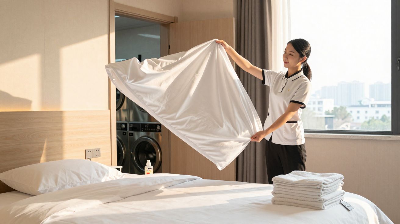 Mulher arrumando cama com lençol branco em quarto iluminado por janela grande durante o dia.