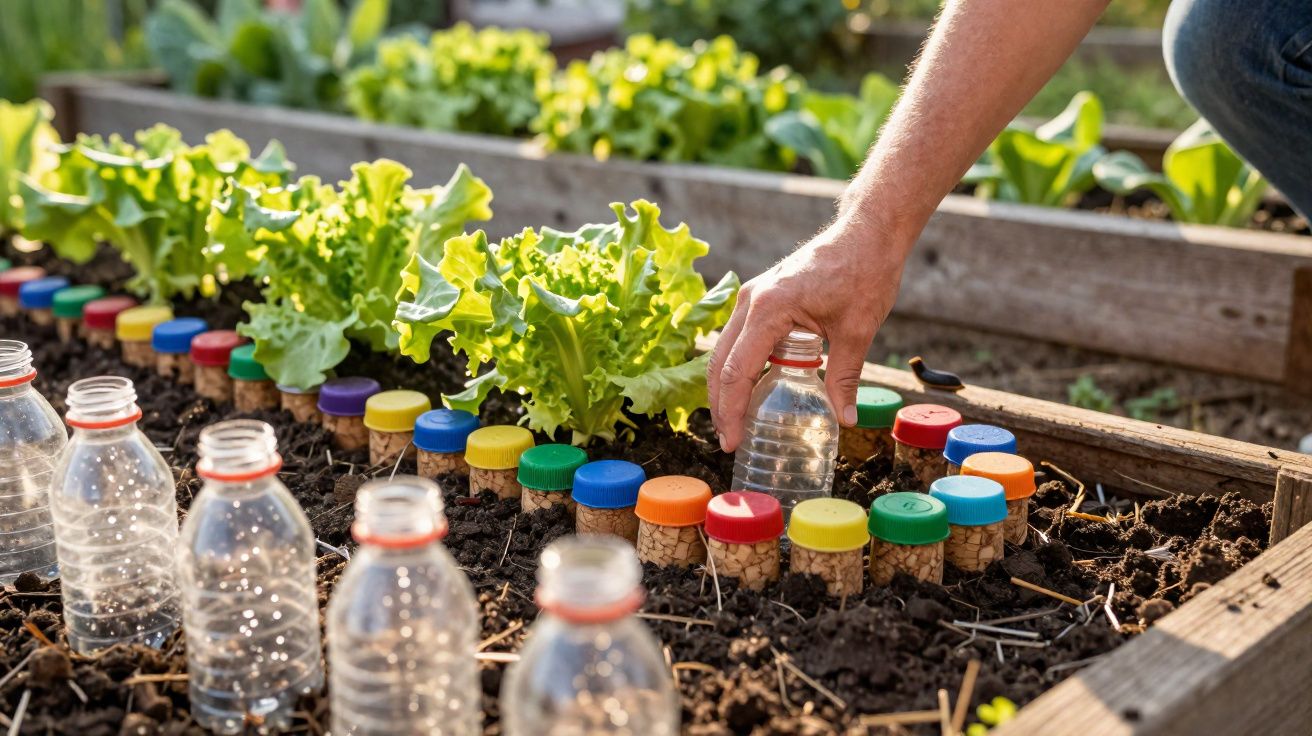 Horta com plantas de alface cercadas por rolhas coloridas e garrafas plásticas vazias.