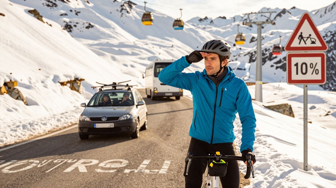 Homem com capacete azul na bicicleta em estrada na montanha com neve, carros e teleférico ao fundo.